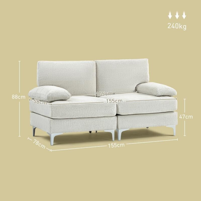 Cream 2 Seater Sofa Chenille Fabric Couch with Cushions Metal Legs Modern