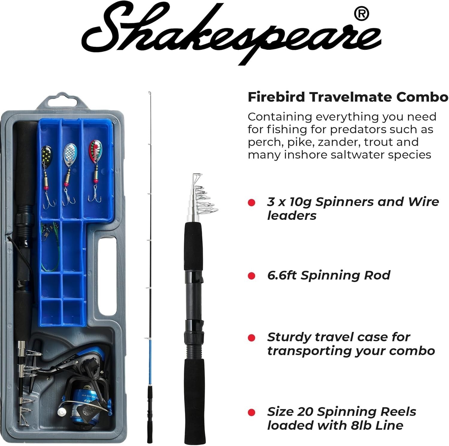 Travel Spinning Rod & Reel Combo Predator Fishing Kit with Case & Lures