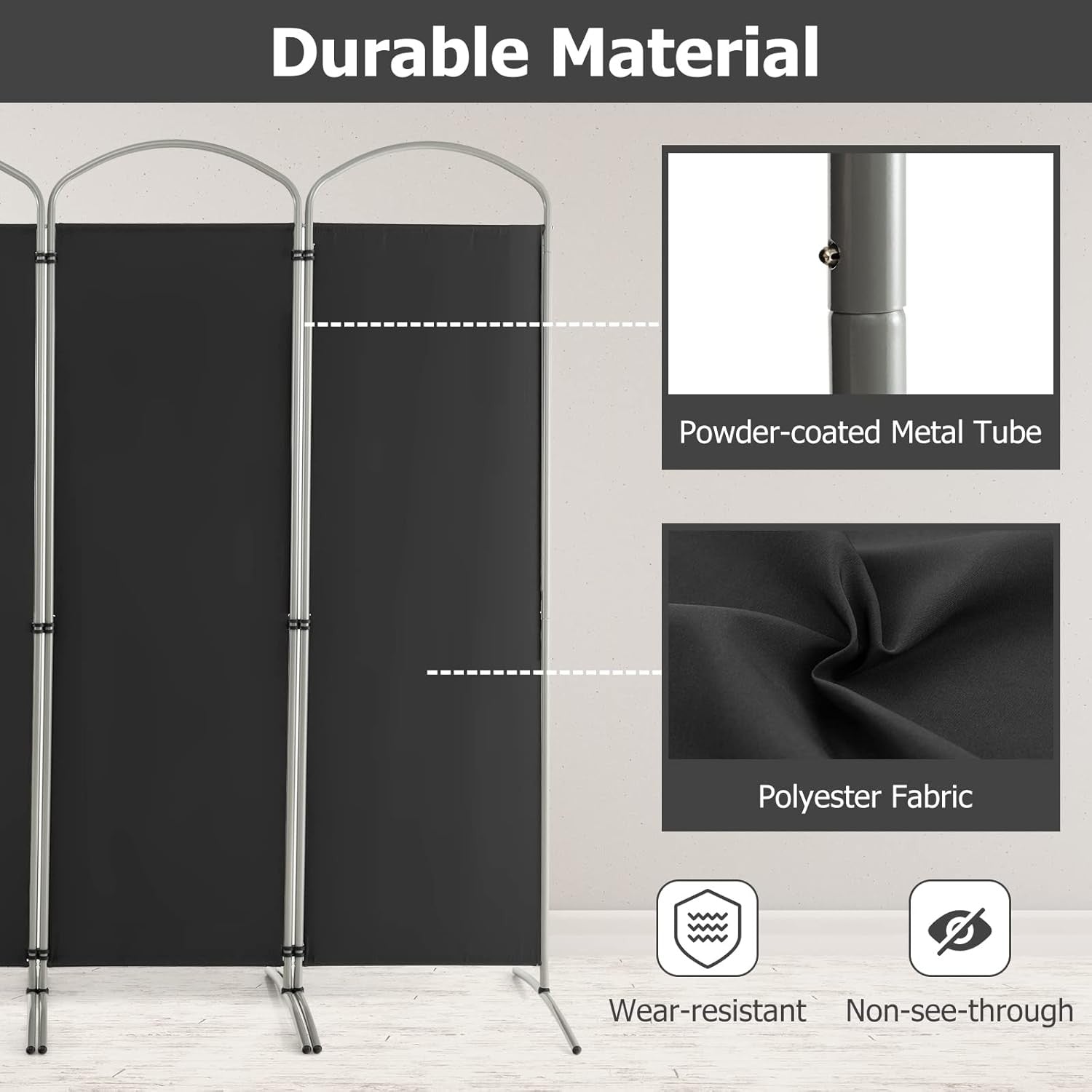 4 Panel Black Folding Room Divider Privacy Screen for Bedroom Office Decor 188cm
