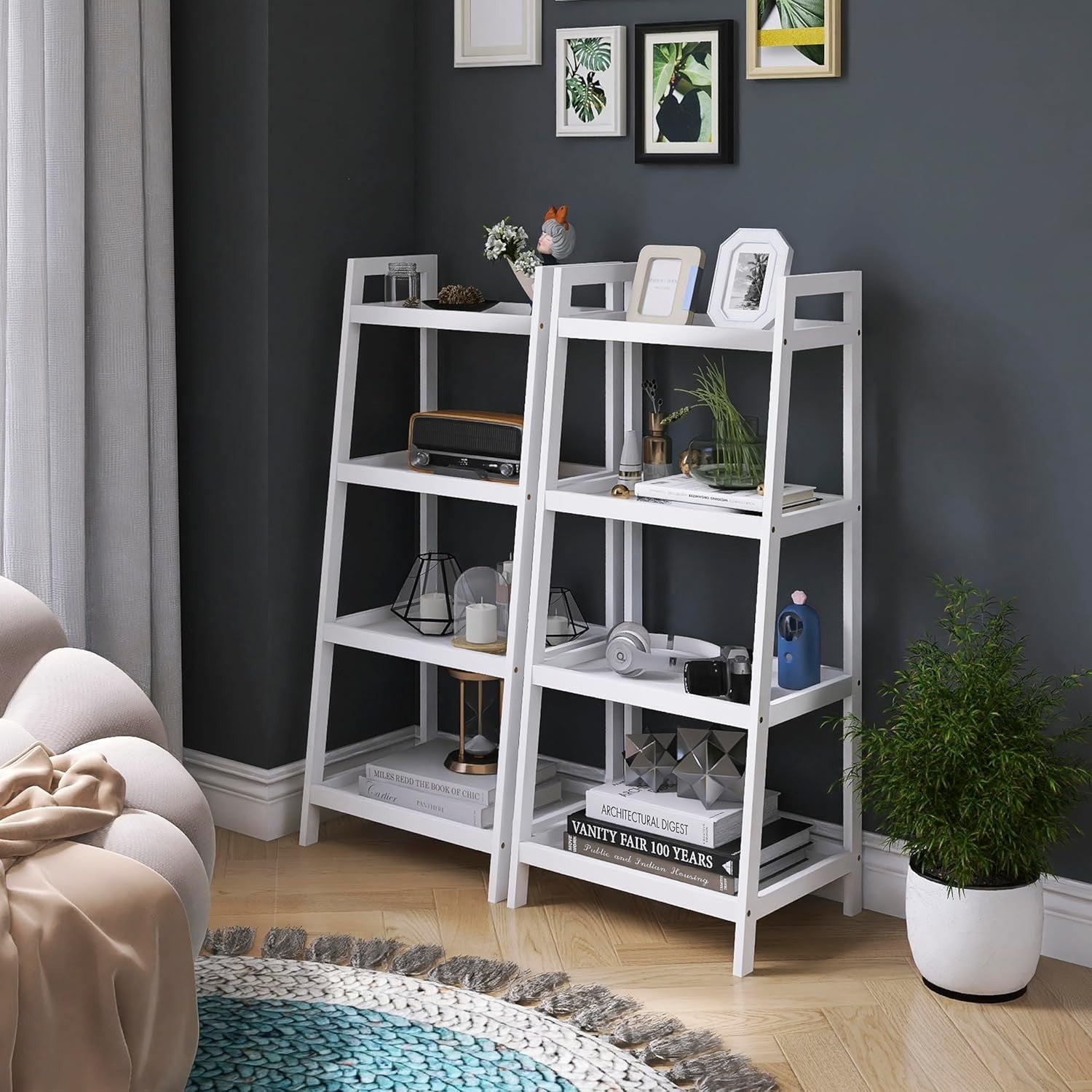 White Bamboo Ladder Shelf 4 Tier Freestanding Storage Rack Space Saver