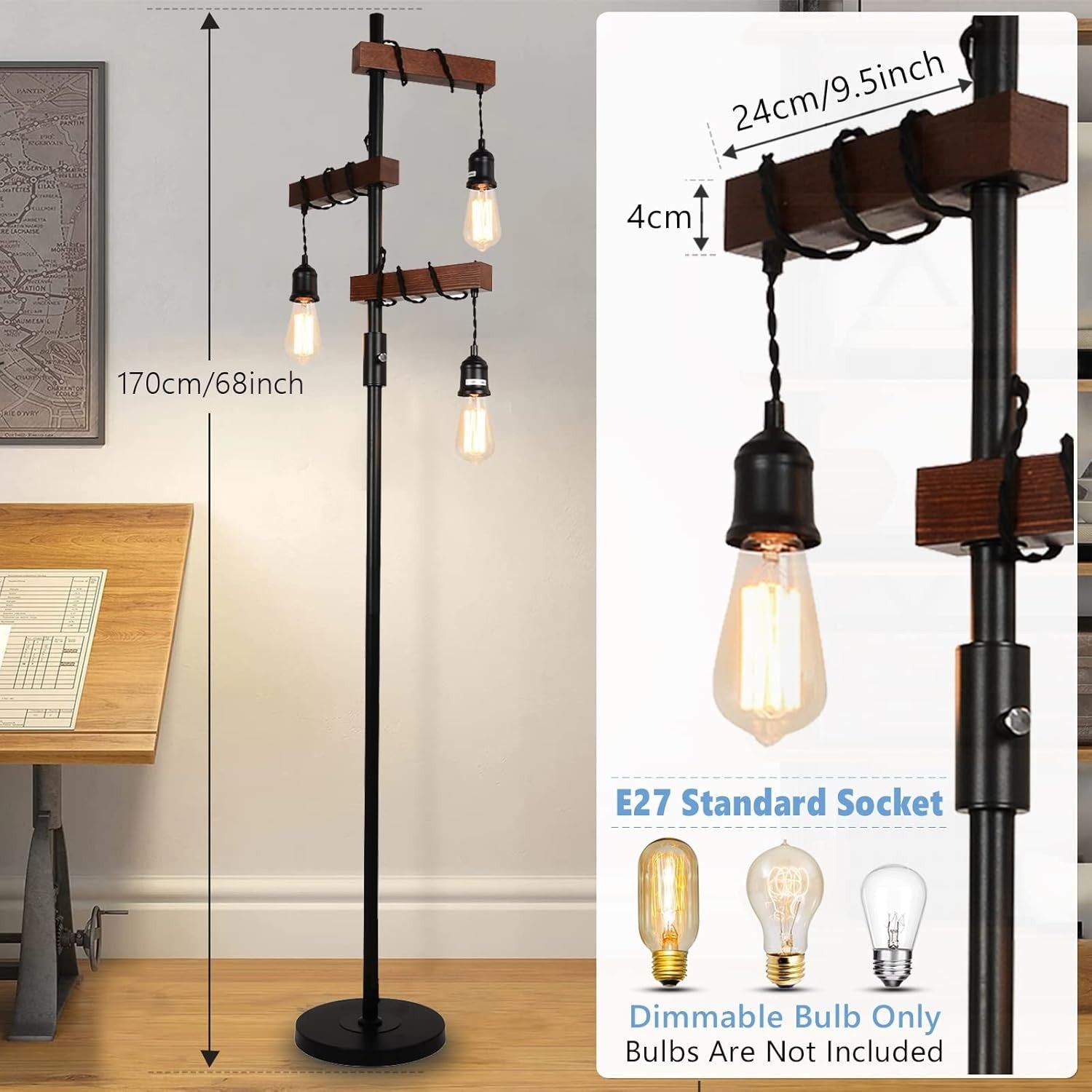 Industrial 3 Light Wooden Floor Lamp E27 Vintage Tree Standing Light