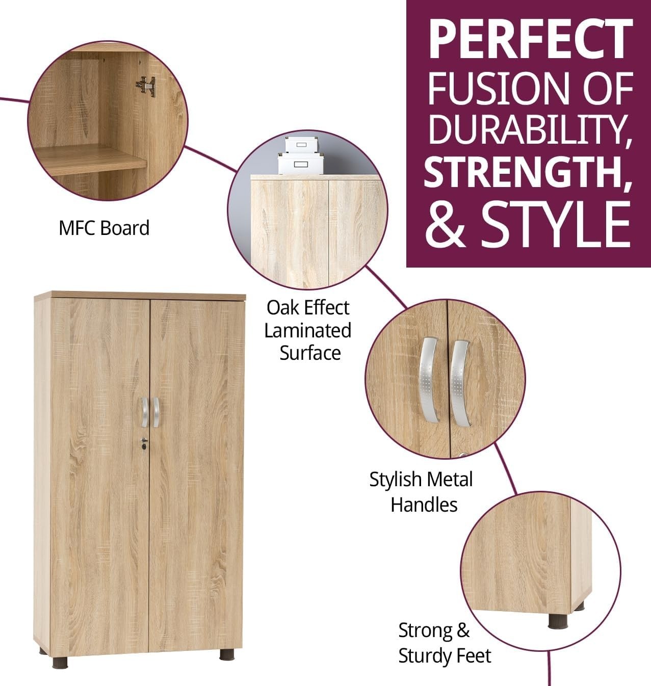 Tall Oak Effect Lockable Office Cupboard 4 Shelf Storage Cabinet