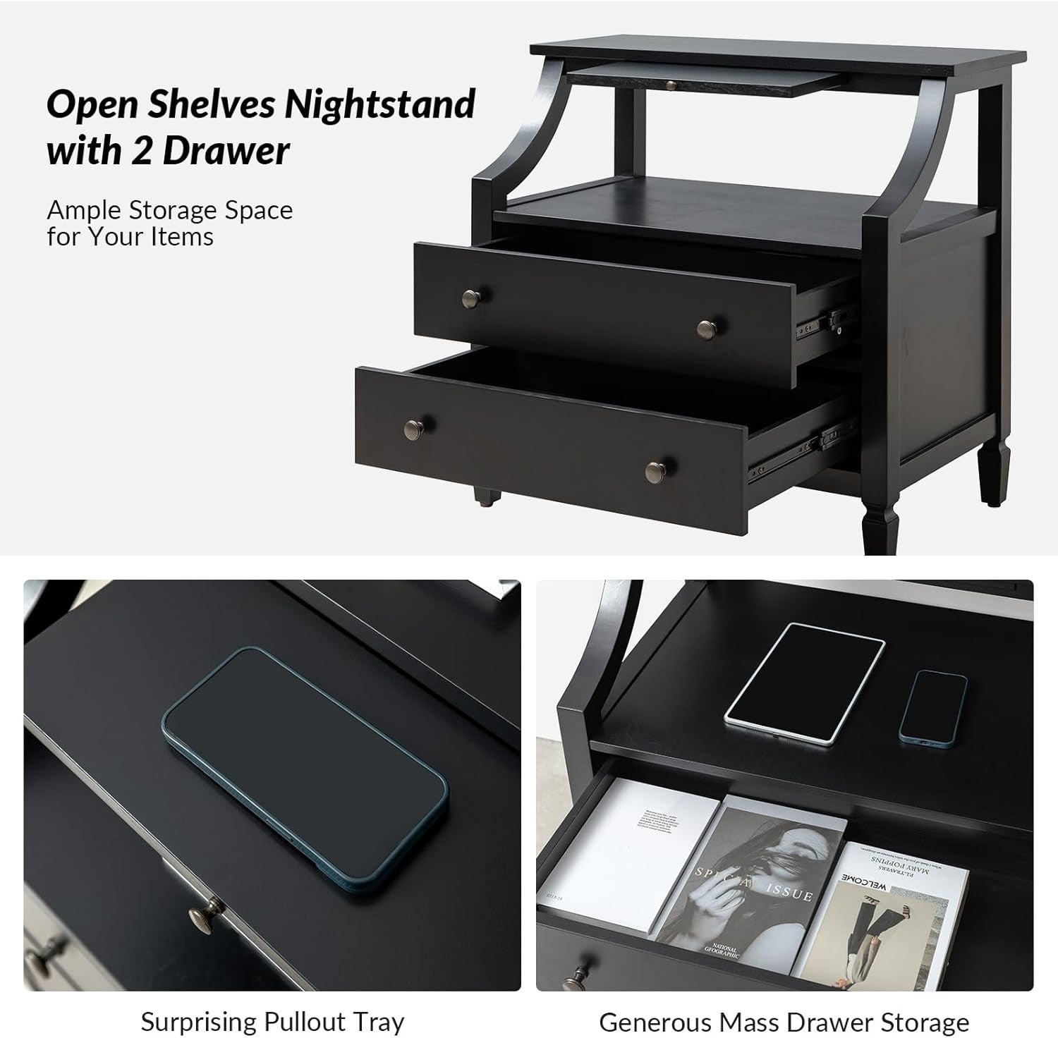 Modern Black Bedside Table with 2 Drawers & Open Shelf, Solid Wood Legs