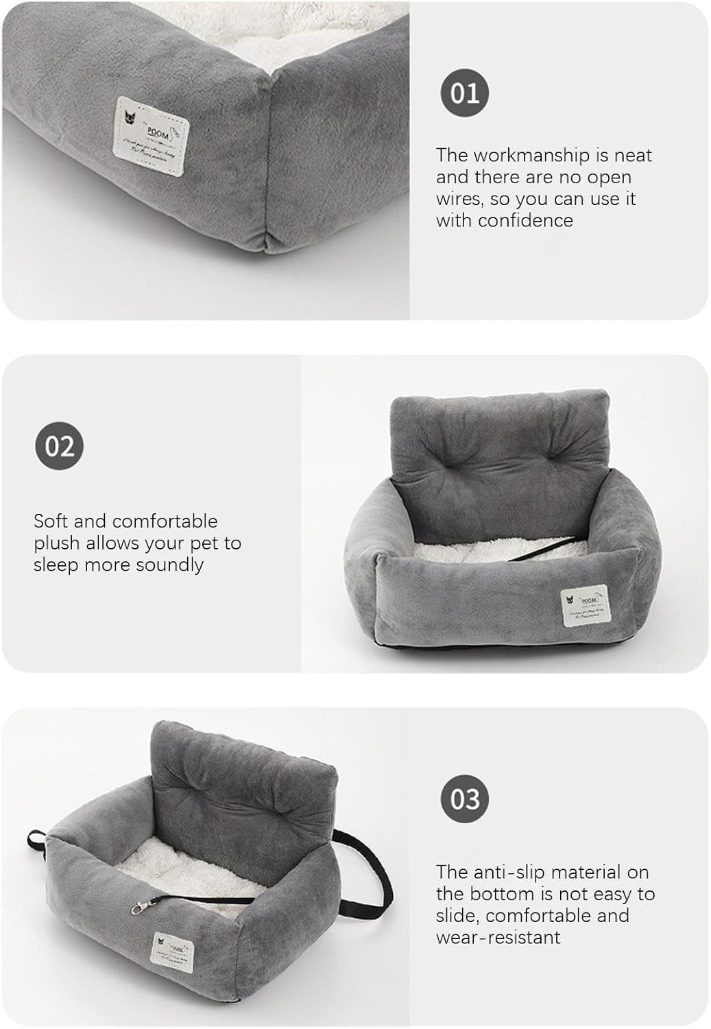 Pet Booster Car Seat Small Dog Cat Travel Bed Non Slip Carrier Grey