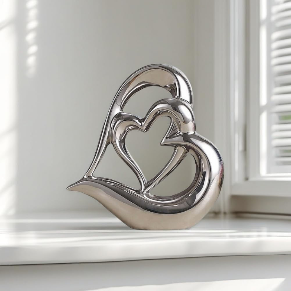 Silver Double Heart Ceramic Sculpture Modern Luxury Ornament Home Decor Gift