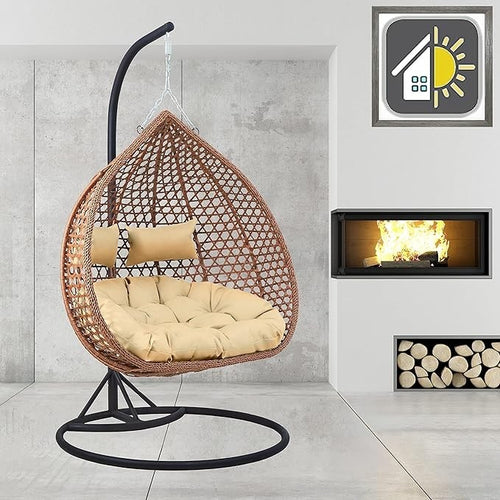 Luxury Rattan Double Egg Chair Swing w/ Cushions & Rain Cover – Indoor Outdoor