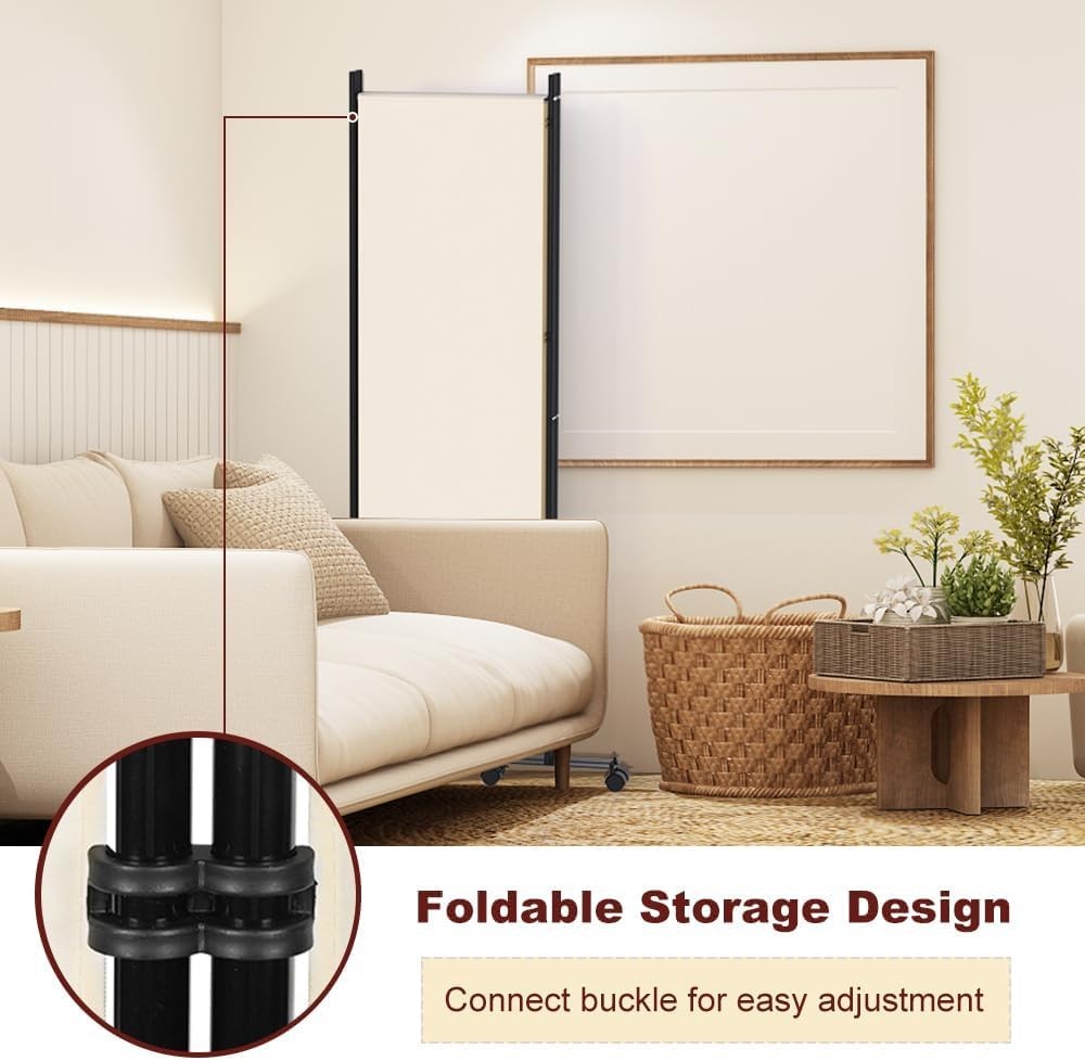 4 Panel Folding Room Divider Freestanding Privacy Screen with Lockable Wheels