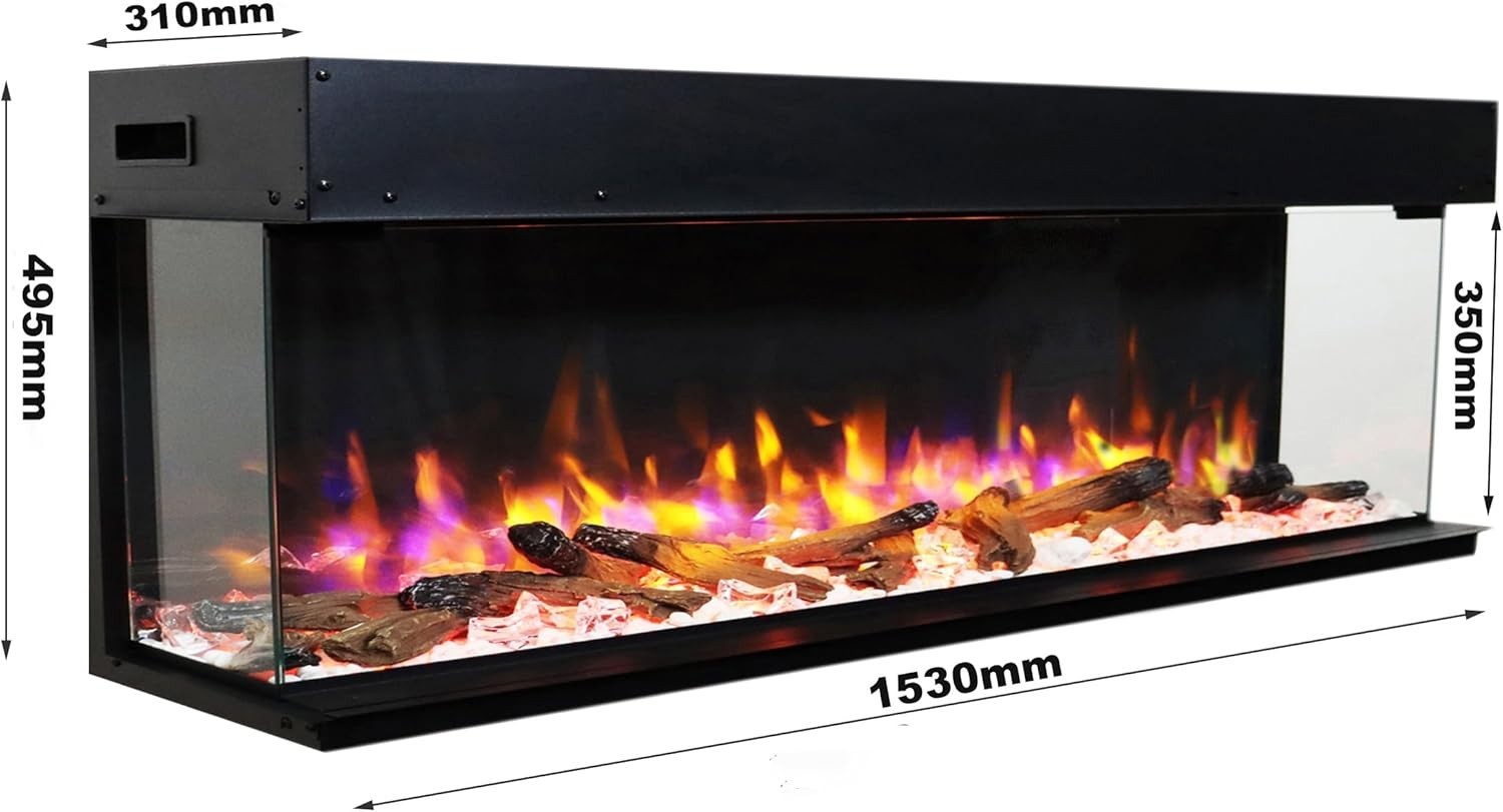 60" 3D Wall Mounted Electric Fireplace Glass Inset LED Flame Heater