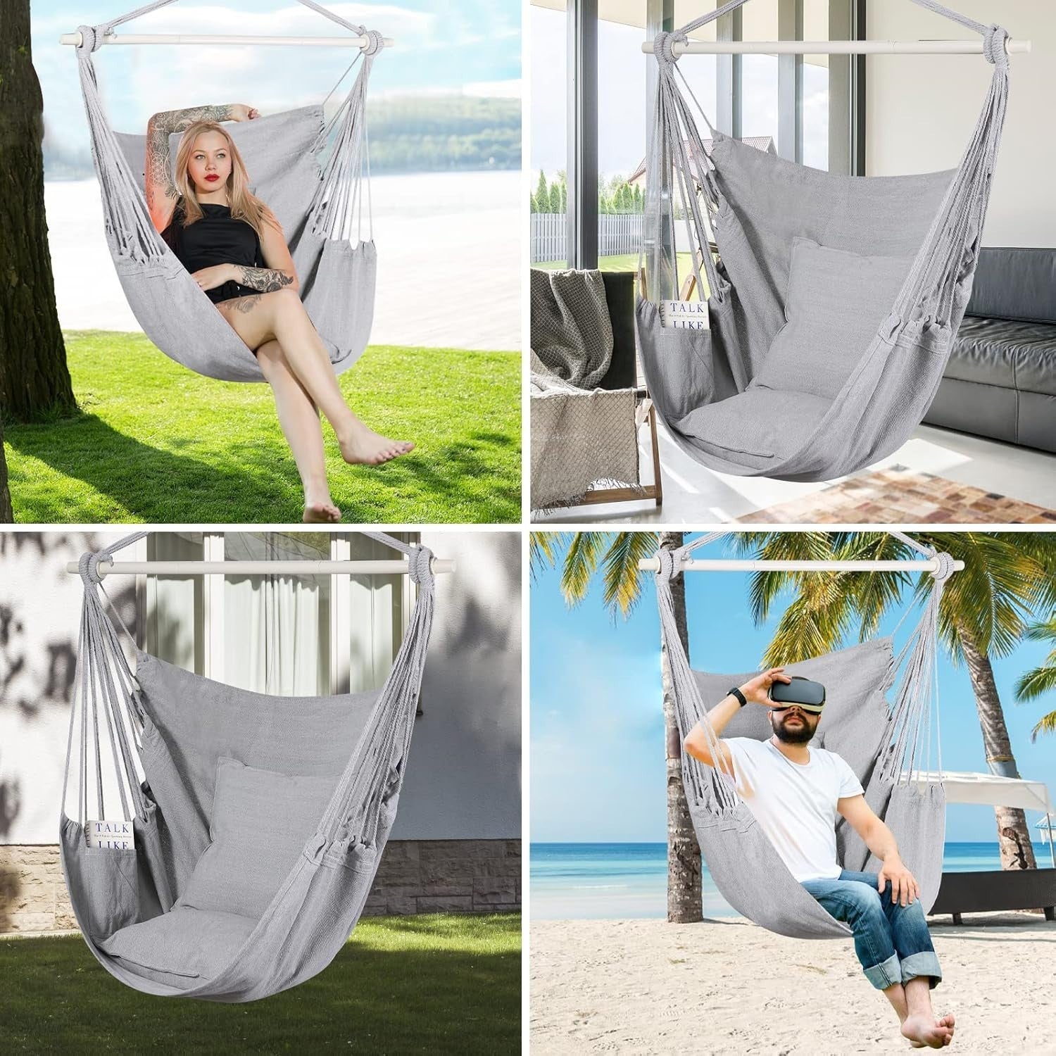 Hammock Chair Swing Grey w/ Pillows, Bar & Bag | Indoor Outdoor 330lbs