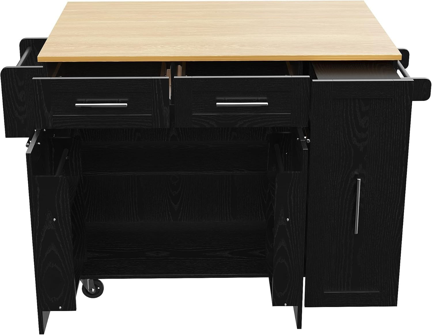 Black Rolling Kitchen Island with Foldable Worktop, Drawers & Cabinets