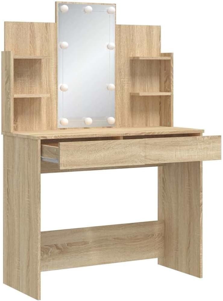 Vanity Dressing Table Desk Mirror LED Lights Sonoma Oak 2 Drawers Storage Makeup