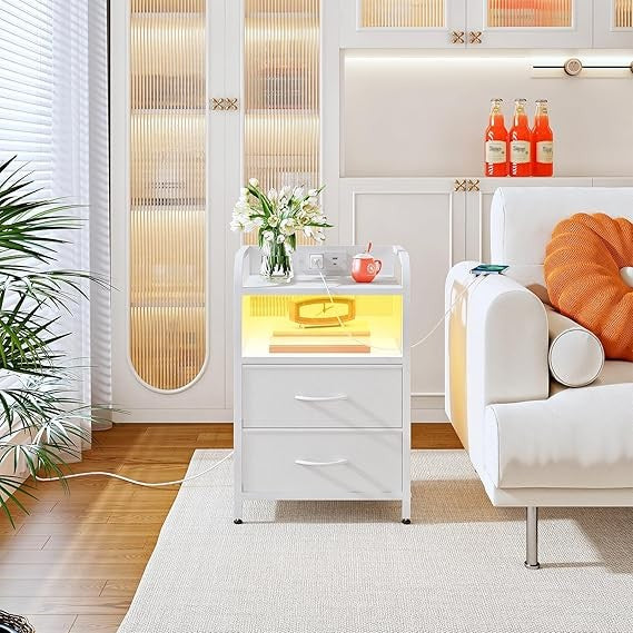 White LED Bedside Table with Charging Station 2 Drawers Modern Nightstand