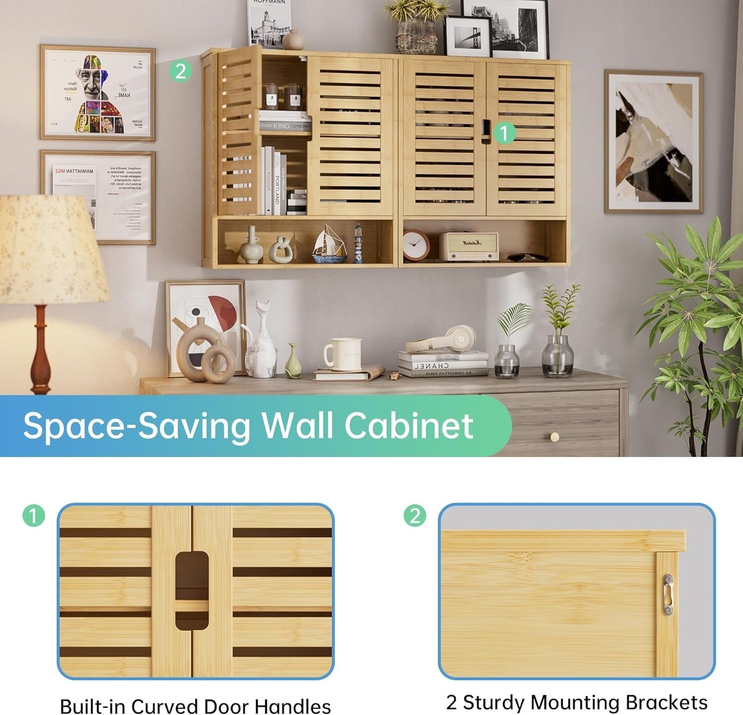 Natural Bamboo Bathroom Cabinet – Wall Mounted, Over Toilet, 2 Door Storage