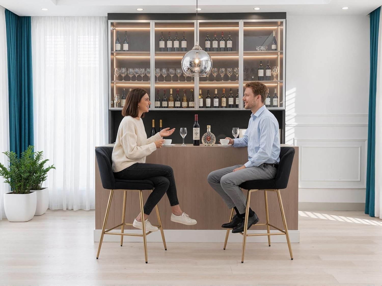 Set of 2 Black Velvet Bar Stools with Gold Metal Legs – Adjustable Counter Chair