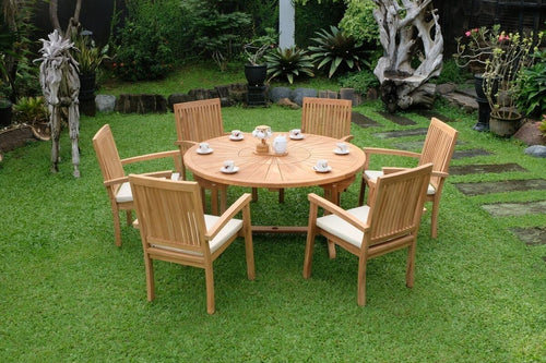 Teakwood Outdoor Garden Dining Set with Parasol & Cushions - 7 Piece Patio