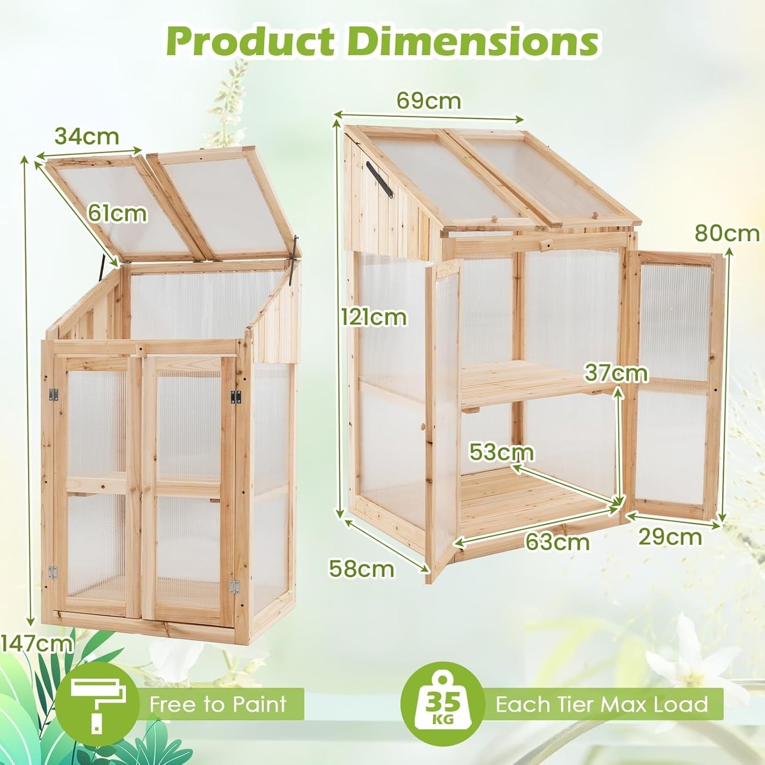 Wooden Cold Frame Greenhouse 69x58x121cm with Shelves & Lockable Doors
