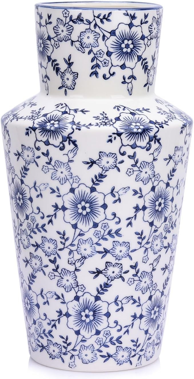 Blue White Floral Ceramic Vase Tall Chinoiserie Vintage Table Decor 28cm