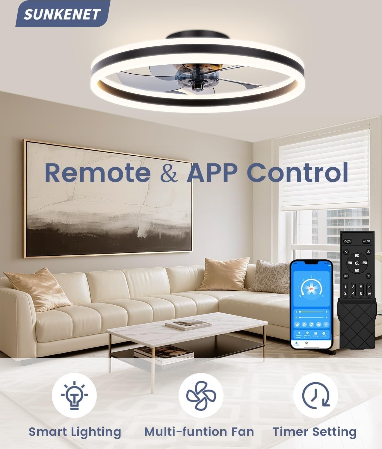 60cm Ceiling Fan Light, 6 Speeds, Dimmable LED, Reversible, Quiet Black Fan