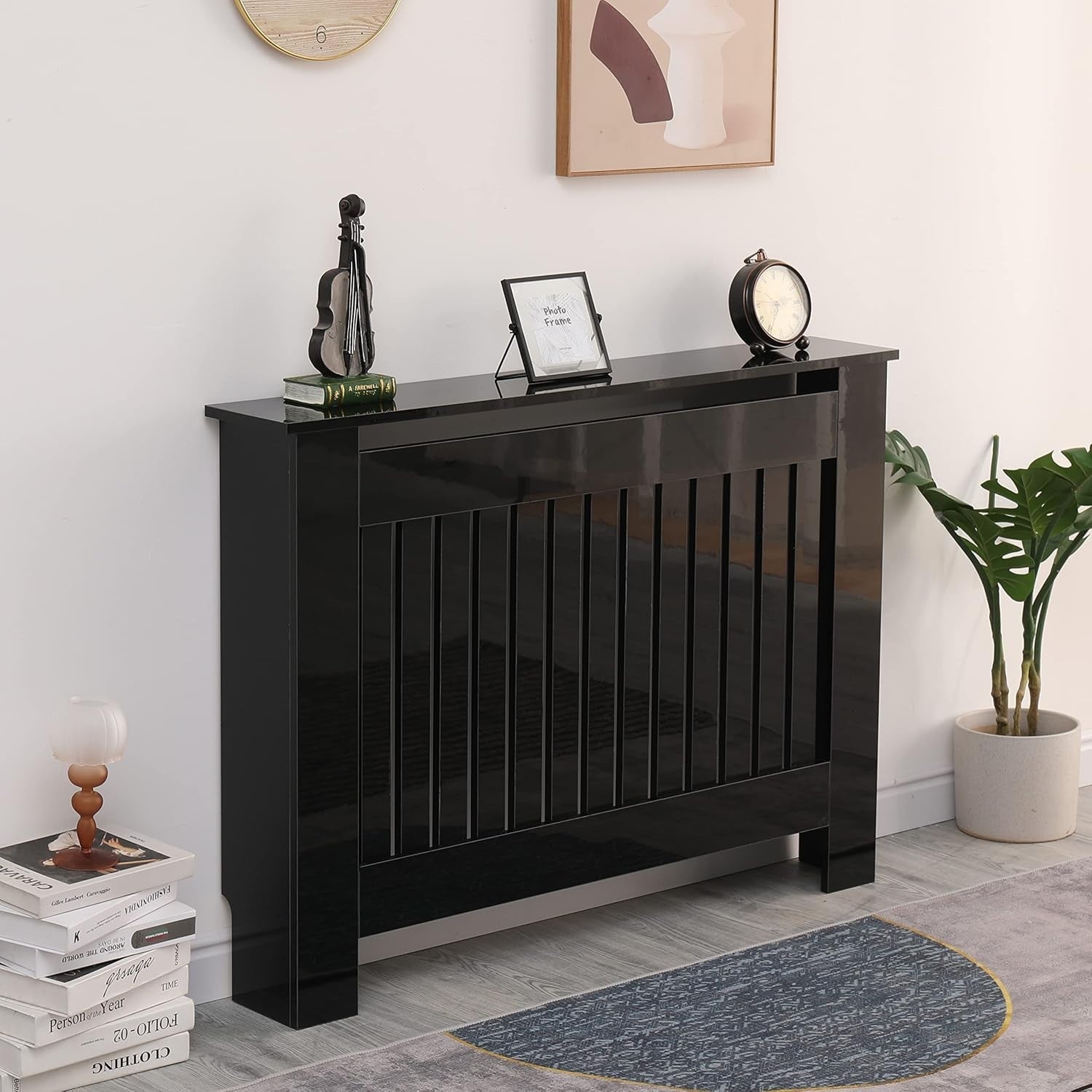 High Gloss Black Radiator Cover MDF Slatted Cabinet Modern Heating Shelf Unit