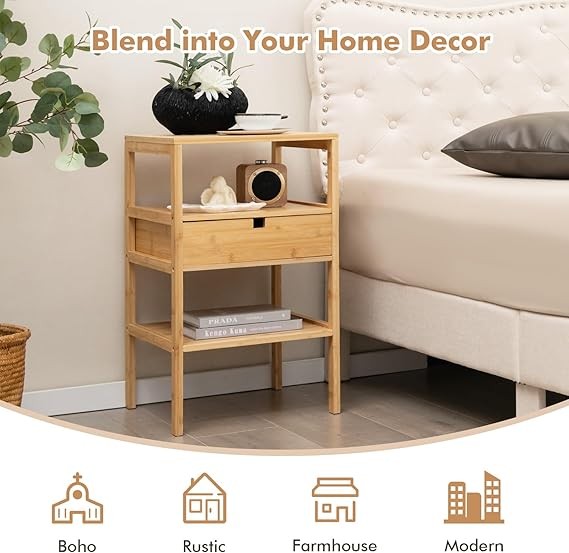 Bamboo Bedside Tables Set of 2 – 3-Tier Nightstands with Drawer & Shelves