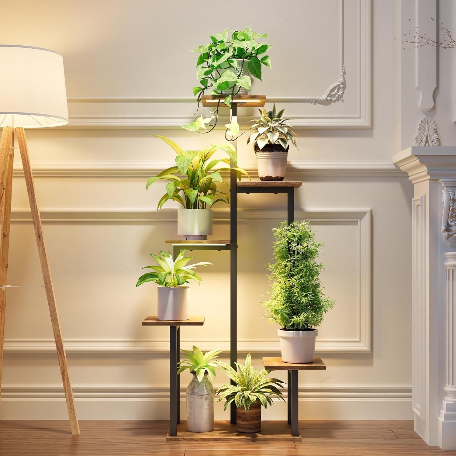 6-Tier Plant Stand with Grow Lights, Metal Wood Indoor Flower Shelf for Home & P