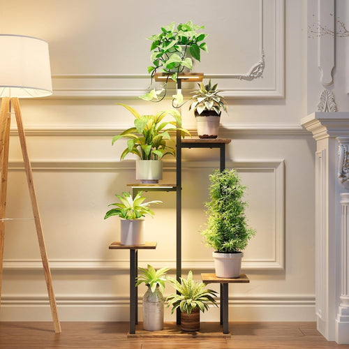 6-Tier Plant Stand with Grow Lights, Metal Wood Indoor Flower Shelf for Home & P