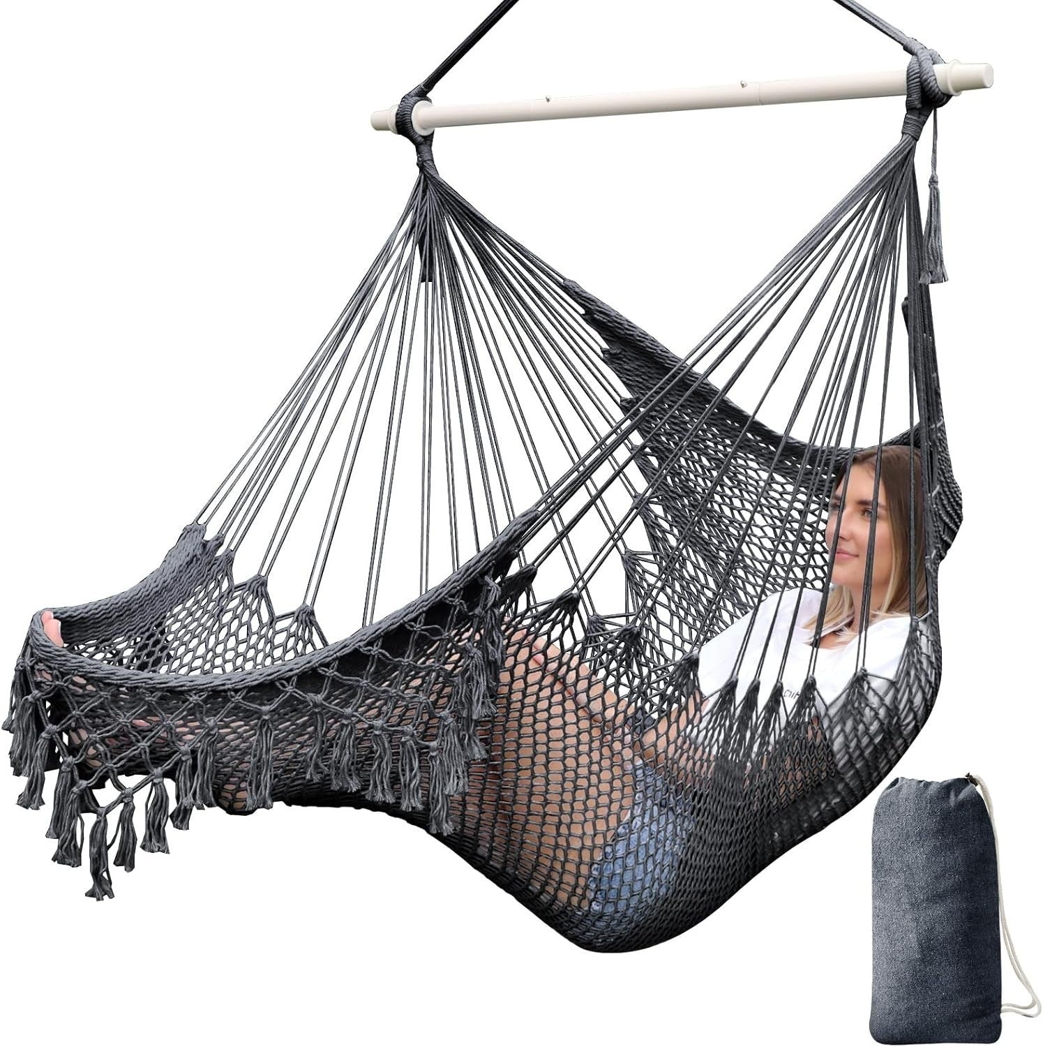 Dark Grey Hanging Hammock Chair – Cotton Mesh, Indoor Outdoor, 120kg Capacity