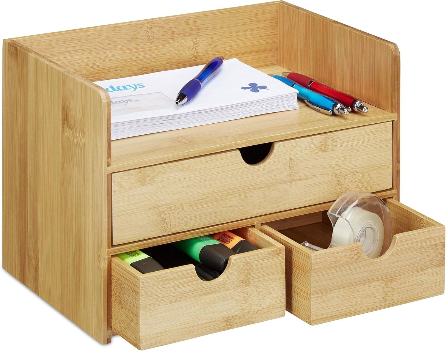 Bamboo Desk Organiser with 3 Drawers & Letter Tray – Compact Office Storage