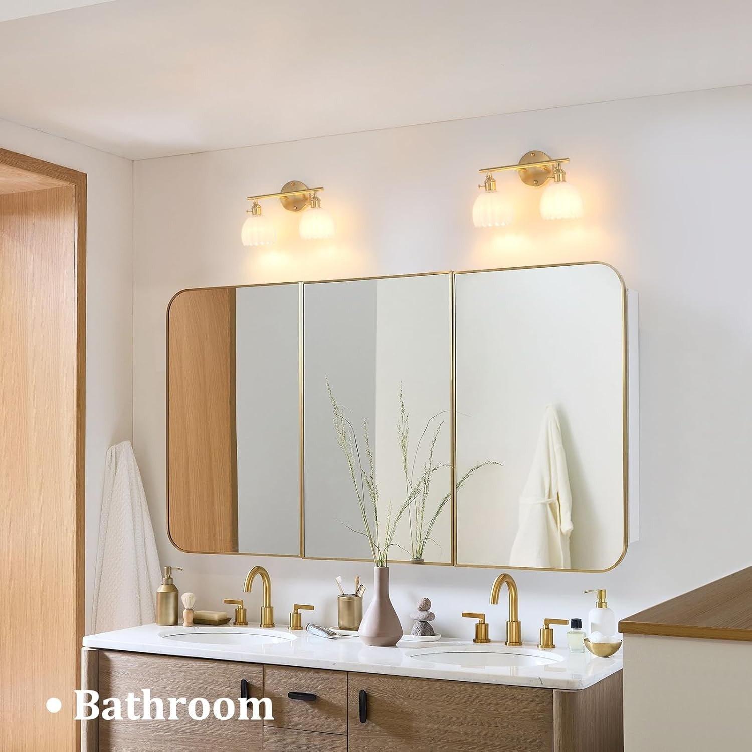 2-Light White Glass Wall Sconce Vanity Light Brass Fixture for Bathroom