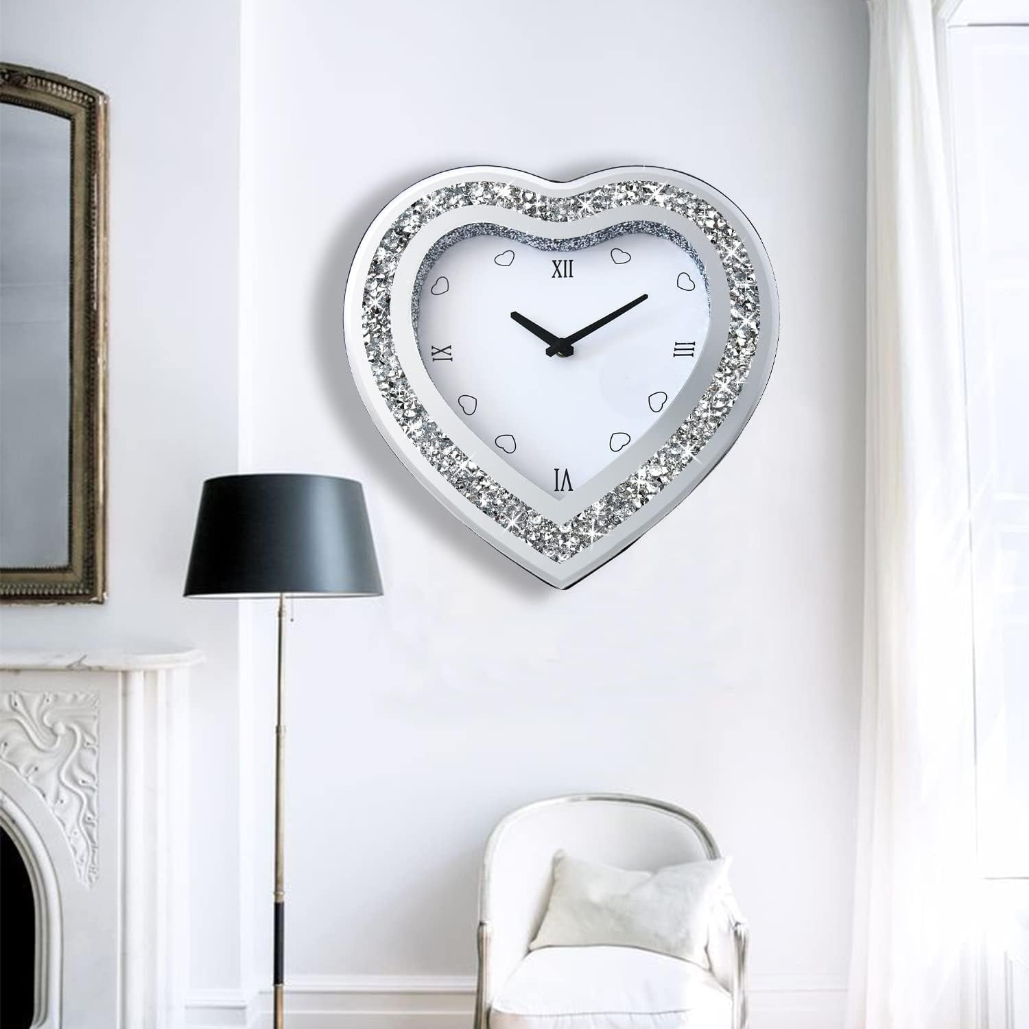 Heart-Shaped Mirror Wall Clock Diamond Border Silent Non-Ticking 12 Inch
