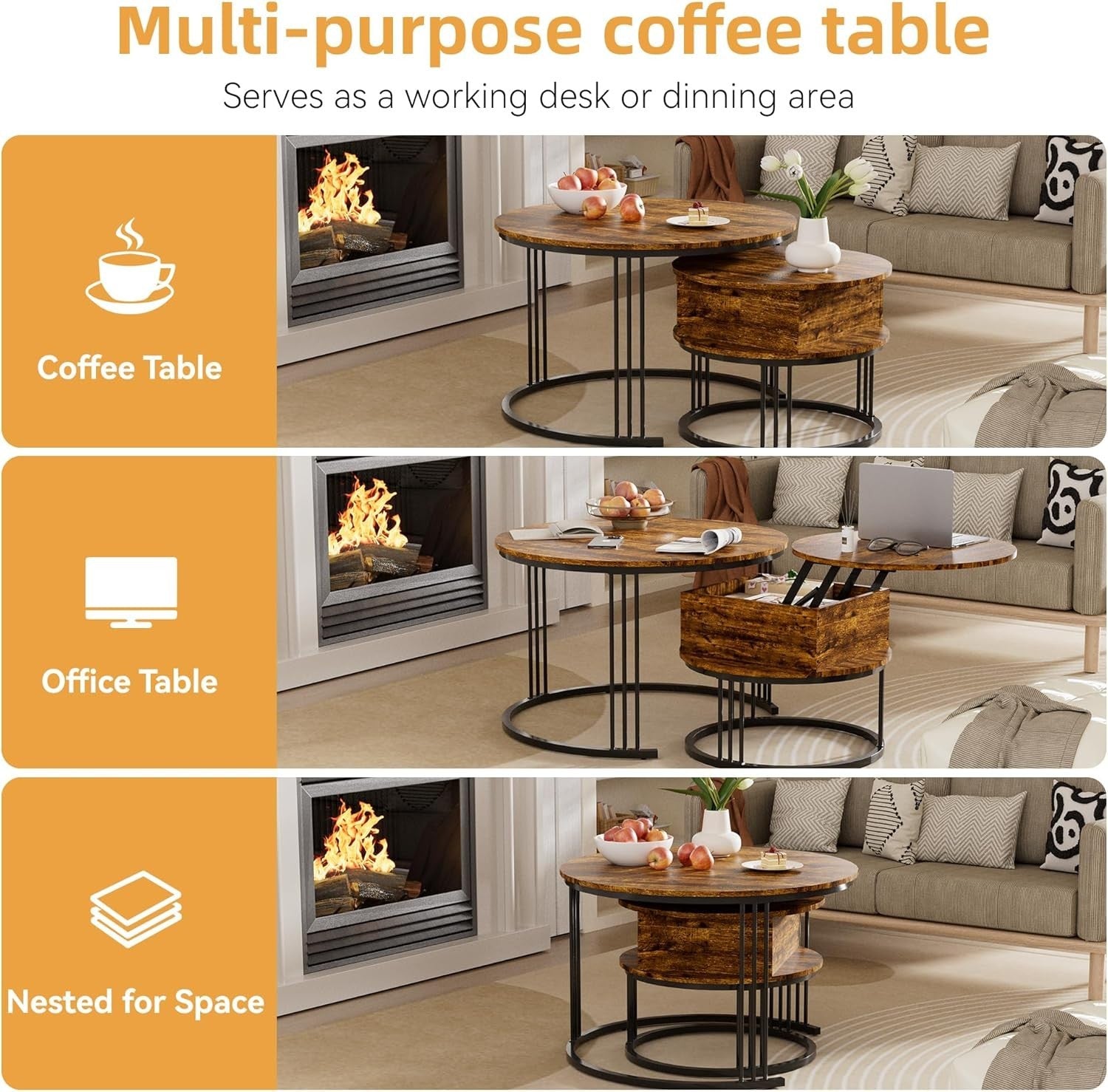 Round Nesting Coffee Table Set Lift Top Storage Wood Rustic Brown Easy Assembly