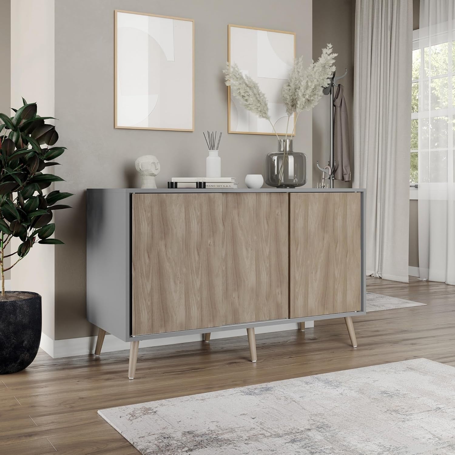 Oak Sliding Sideboard Cabinet Grey Unit 3 Door Storage Beech Legs