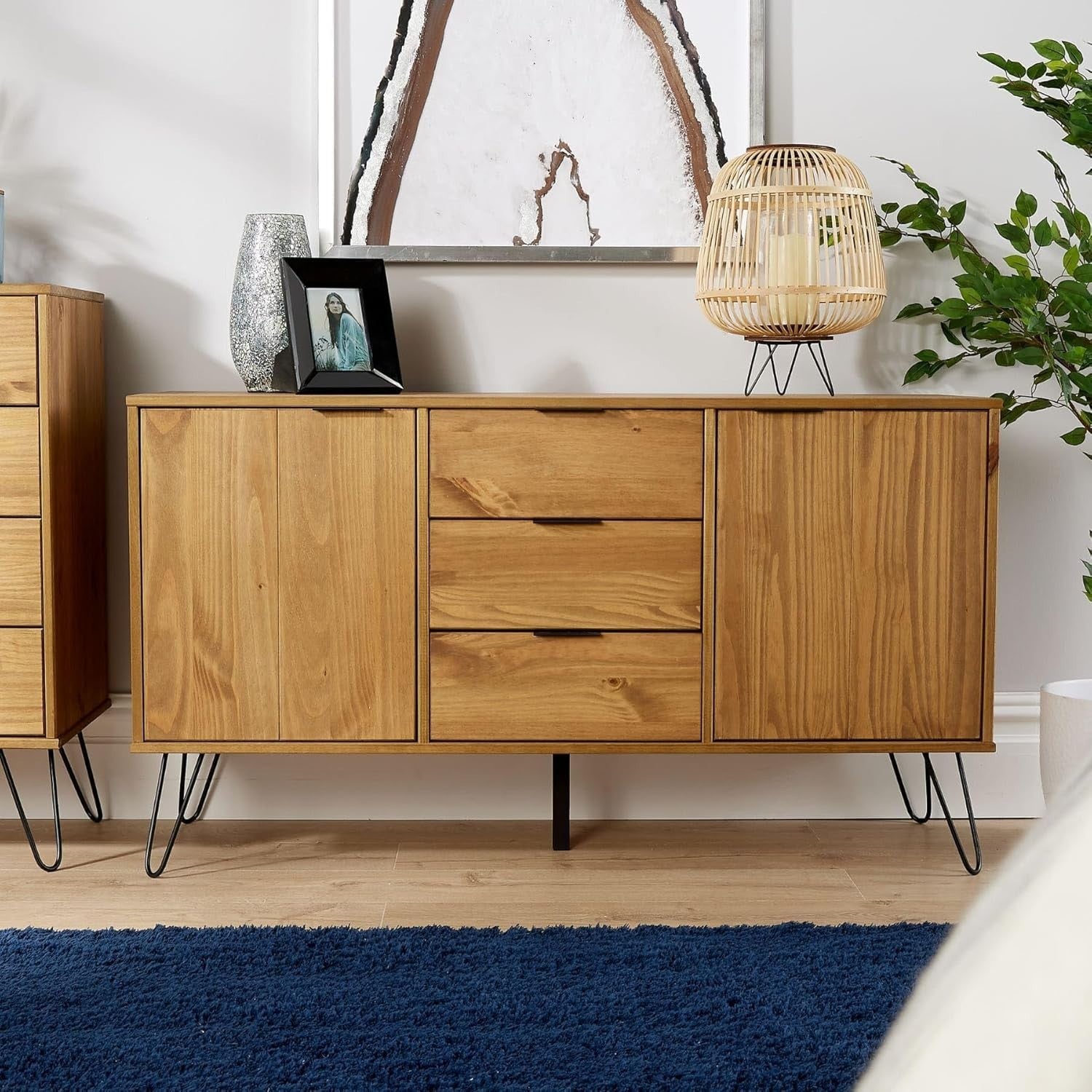 Industrial Sideboard Cabinet Pine 3 Drawers 2 Doors Metal Legs Storage