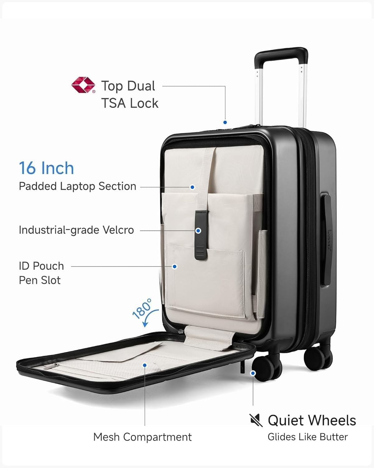 Black 20” Cabin Hard Shell Suitcase Laptop Compartment TSA Spinner