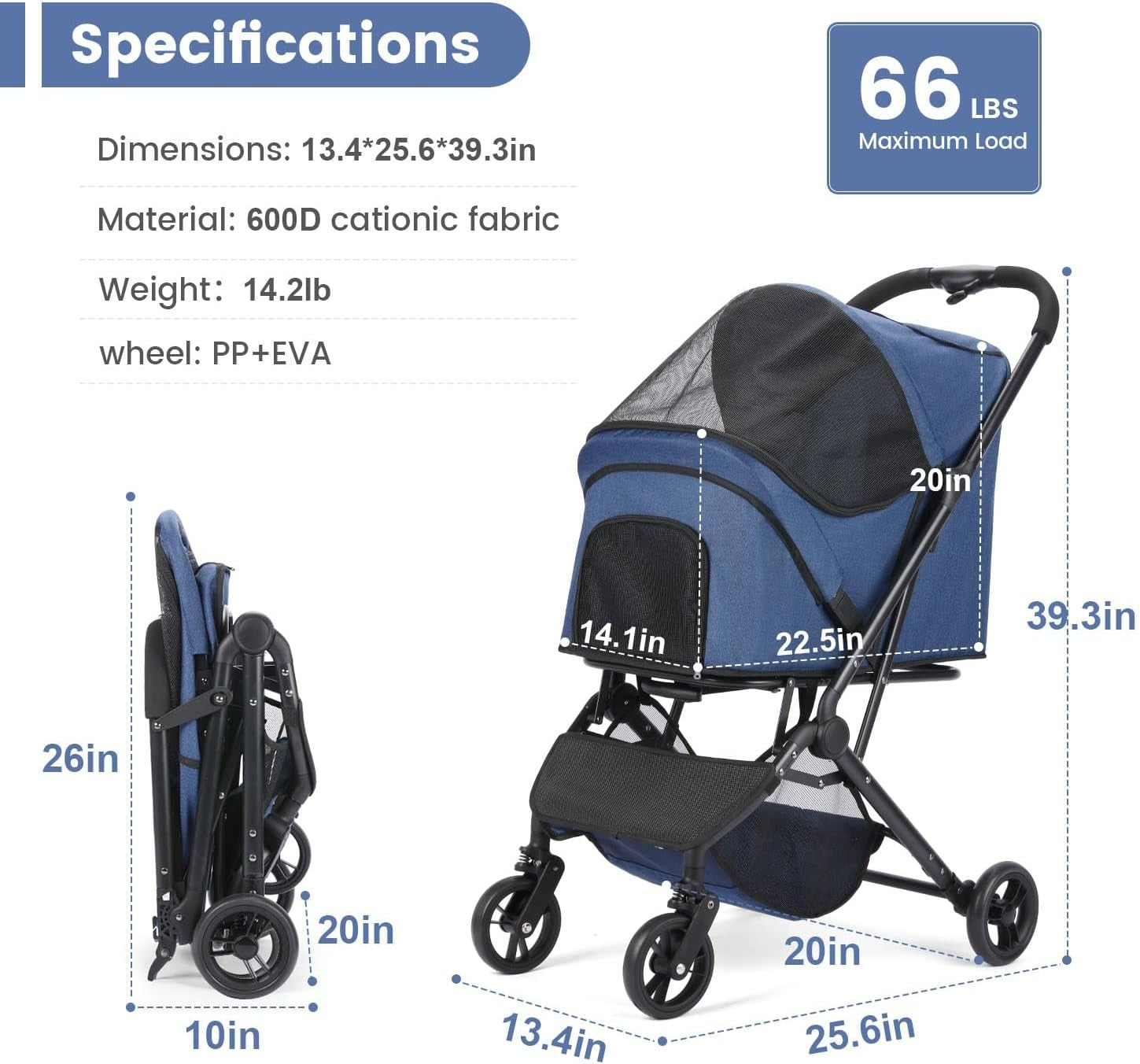 Pet Stroller 4 Wheel Folding Travel Pushchair Small Medium Dogs Navy