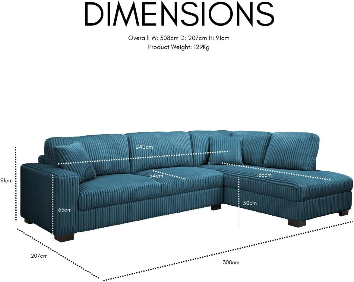L-Shape Large Corner Sofa 5 Seater Blue Teddy Jumbo Cord Right Hand Facing