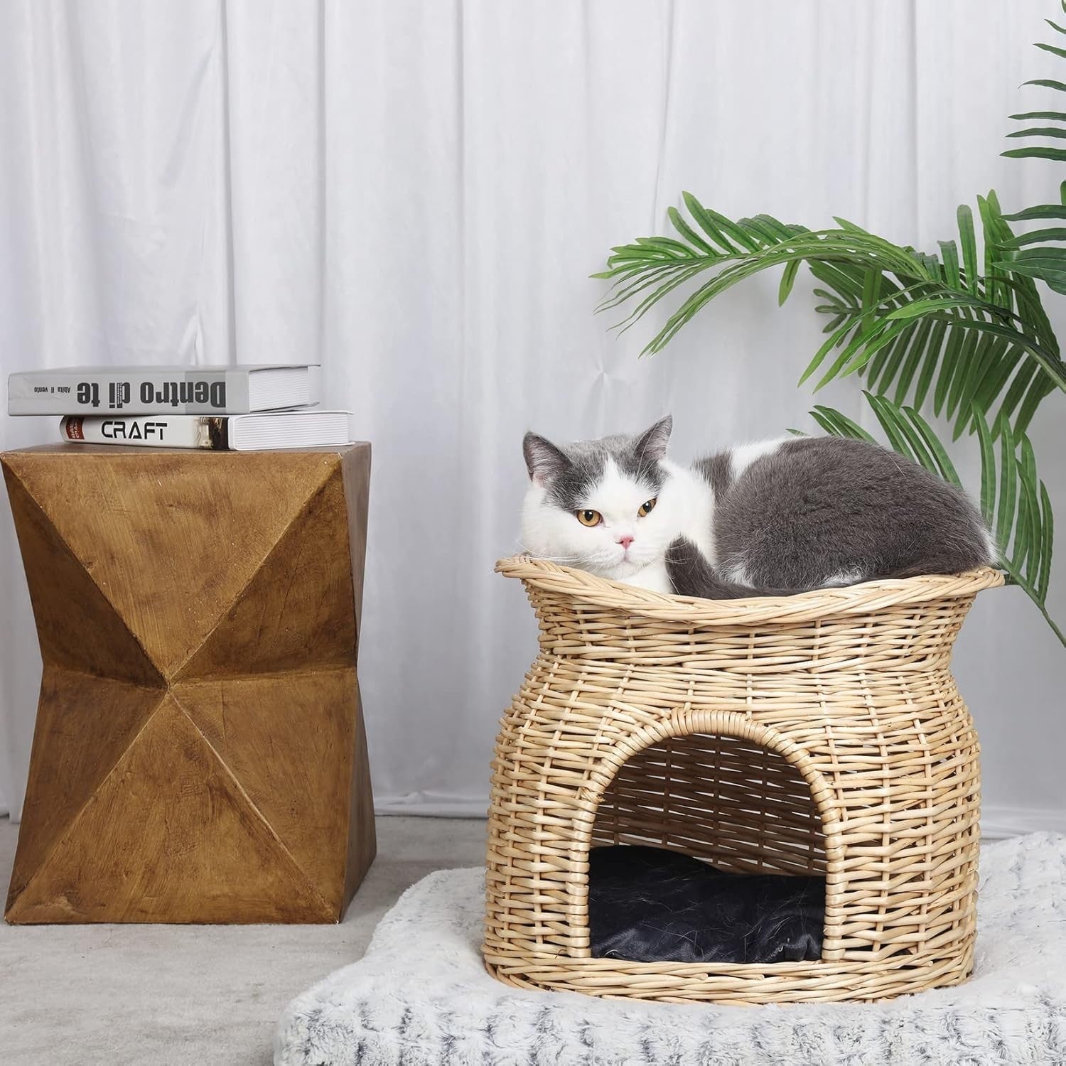 2 Tier Wicker Cat Cave House Kitten Basket Bed with Cushions Beige
