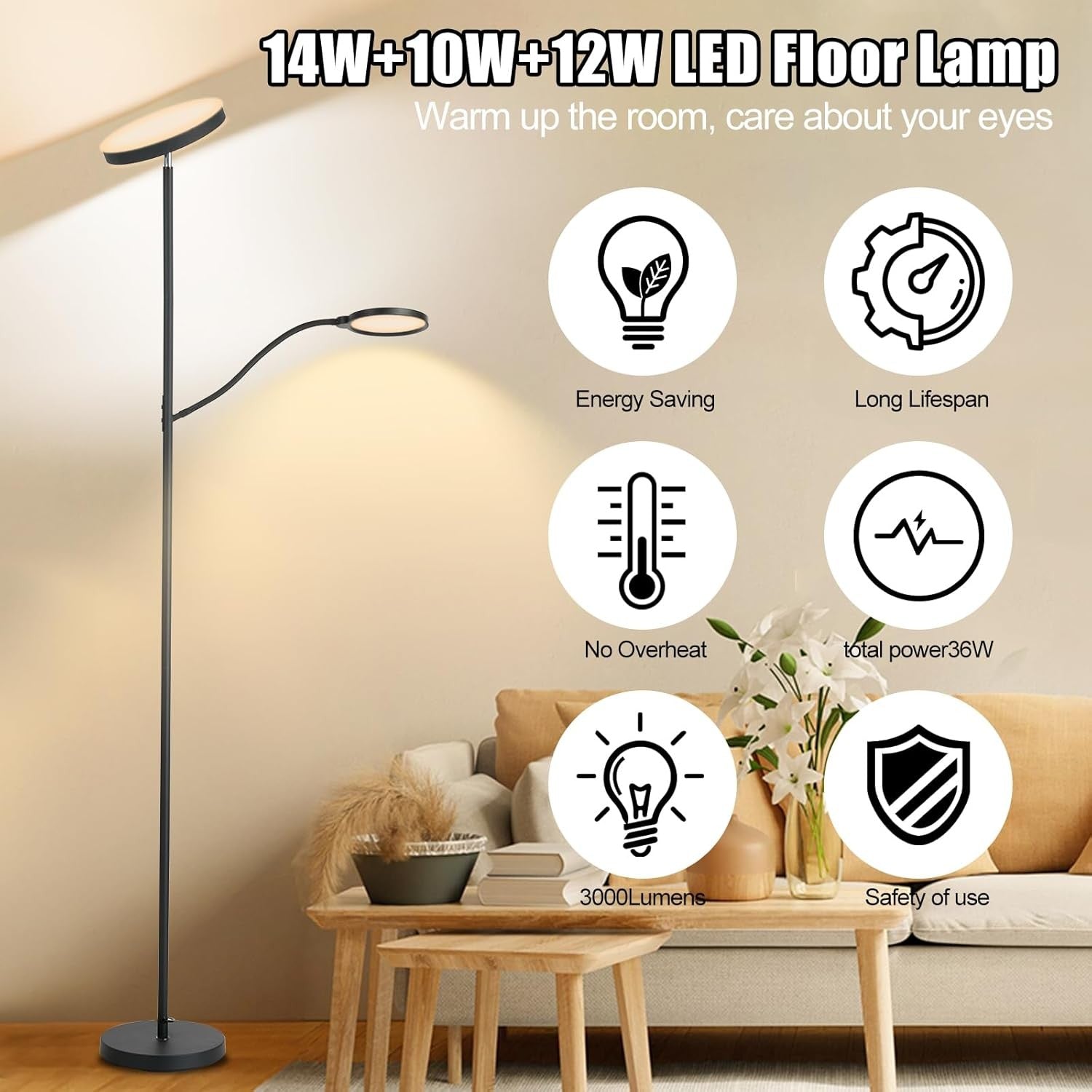 LED Floor Lamp 36W 3000LM Dimmable Torchier with Reading Light Remote