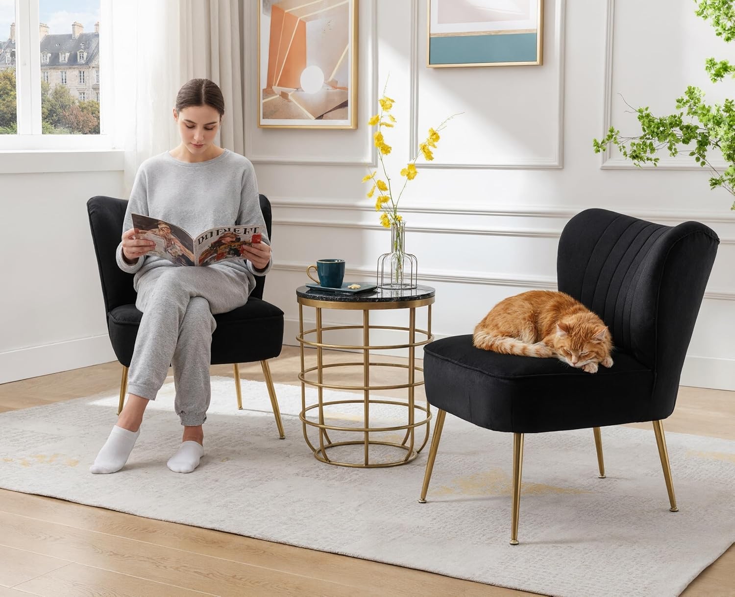 Black Velvet Accent Chair Gold Metal Legs Lounge Tub Seat