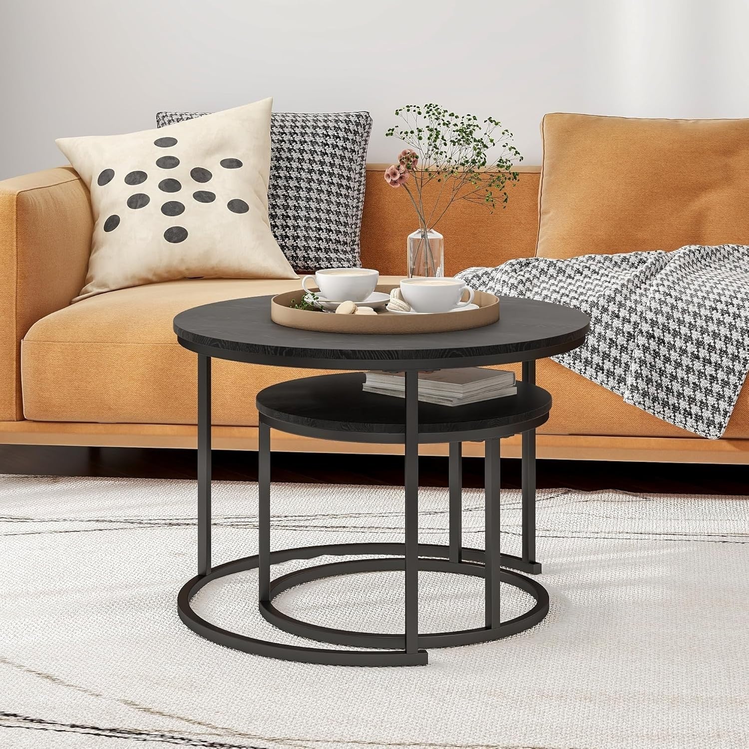 Space-Saving Round Nesting Coffee Table Set of 2, Sturdy Metal Frame (SV)