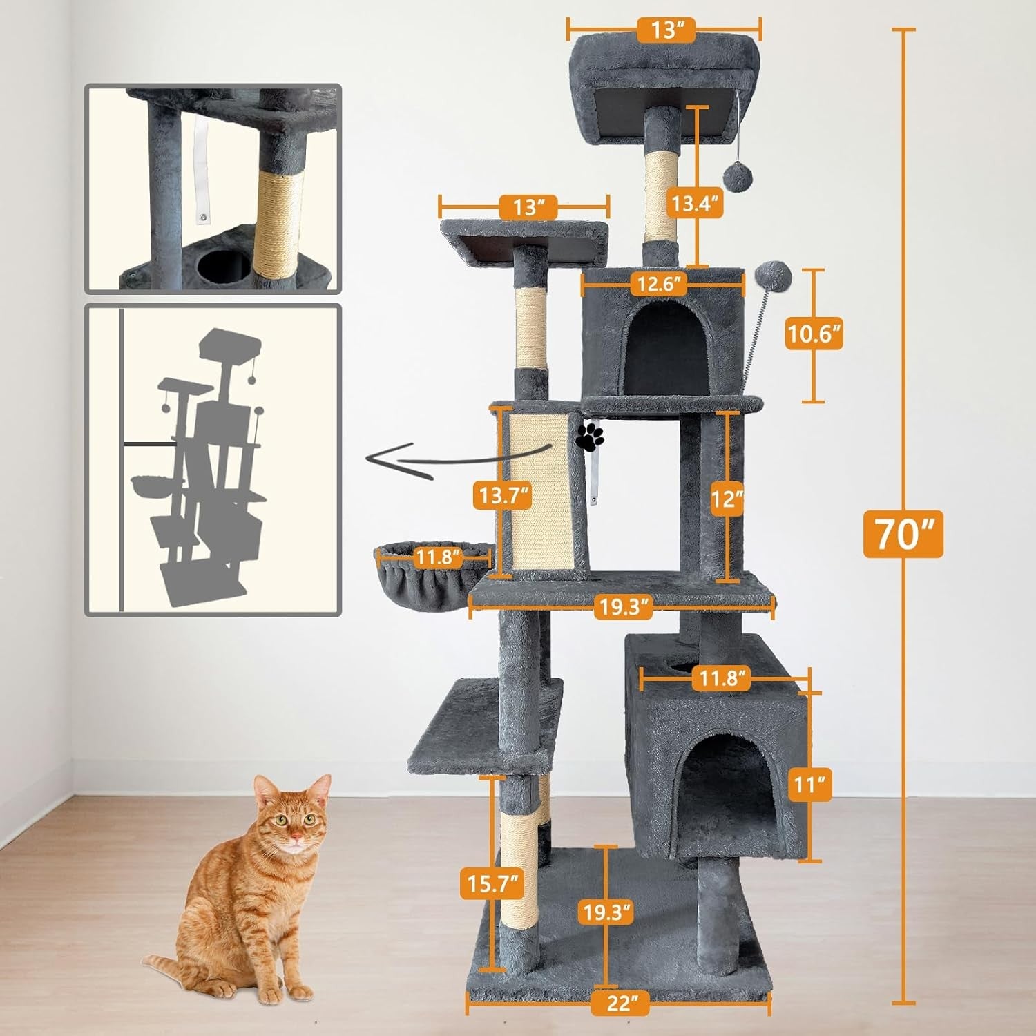 Large Cat Tree Tower 177cm Multi Level Condo Hammock Sisal Scratching Posts