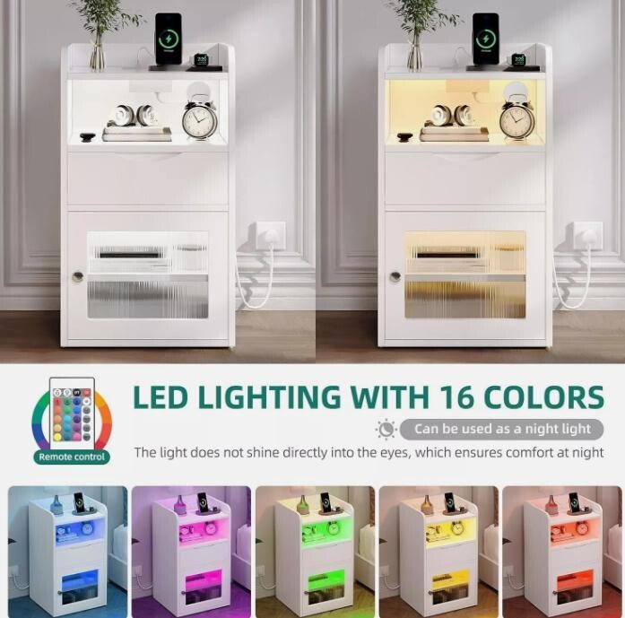 White Bedside Table with LED Light, USB Charging Station & Drawer Storage