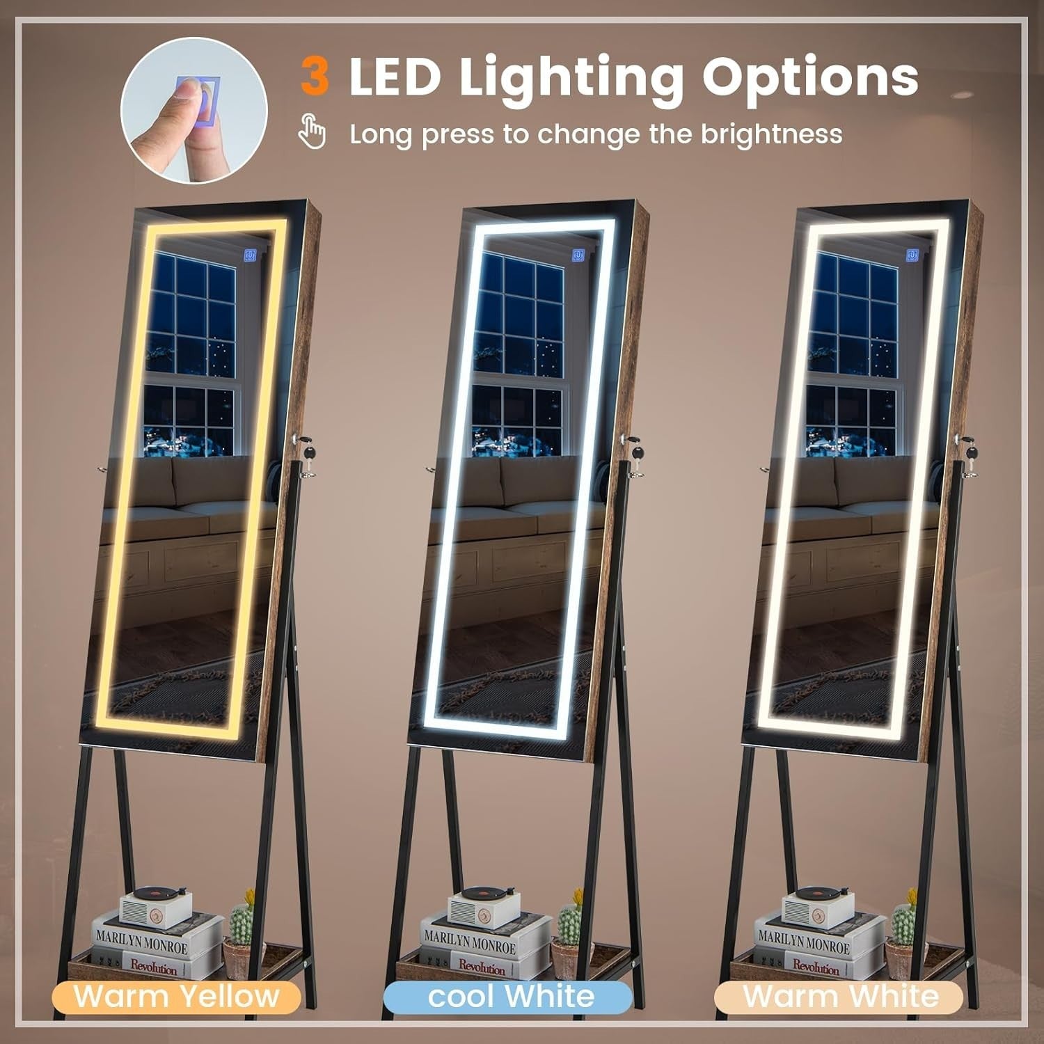 Rustic Brown LED Jewellery Cabinet Lockable Full Length Mirror Storage