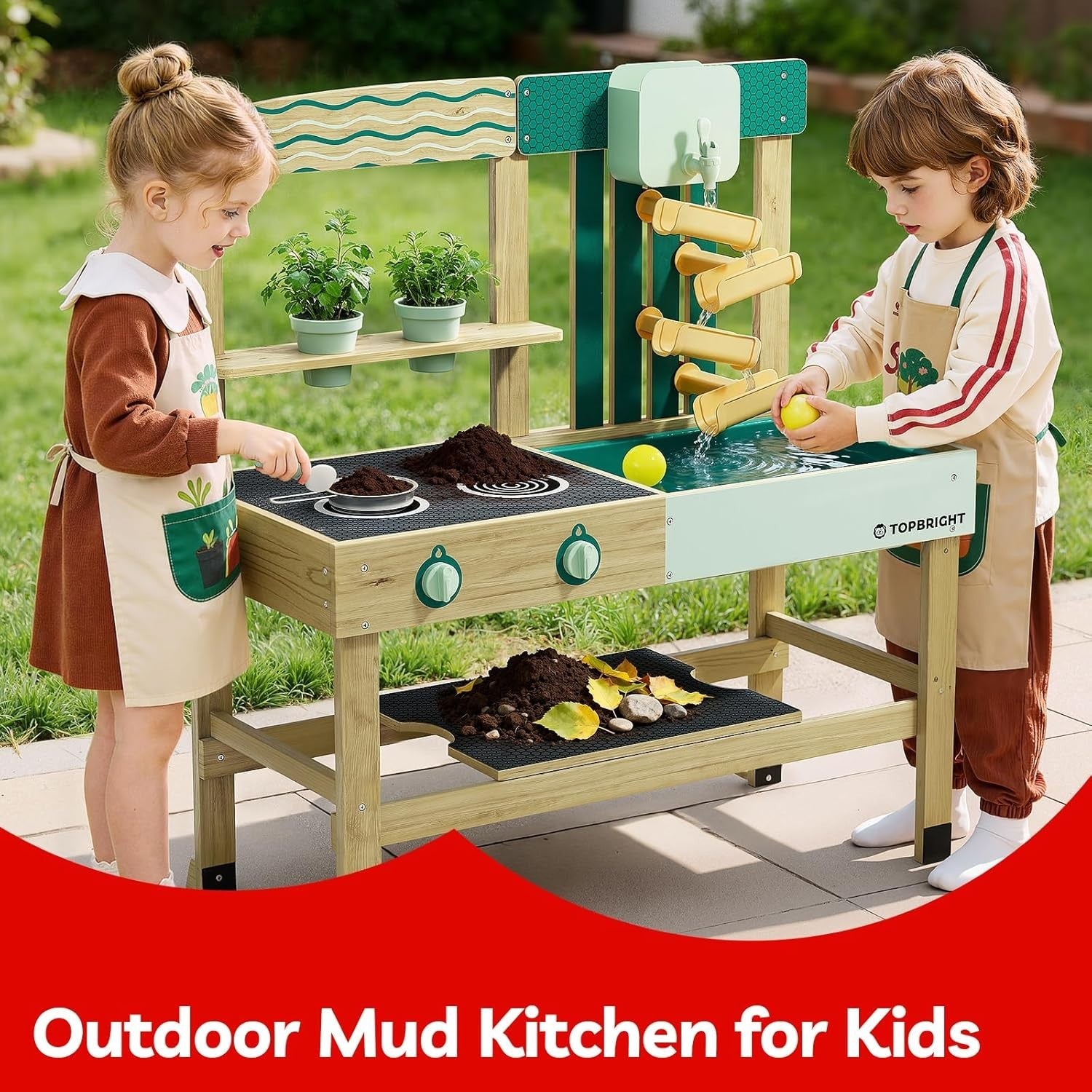 Outdoor Mud Kitchen for Kids Wooden Playset w/ Sink Faucet