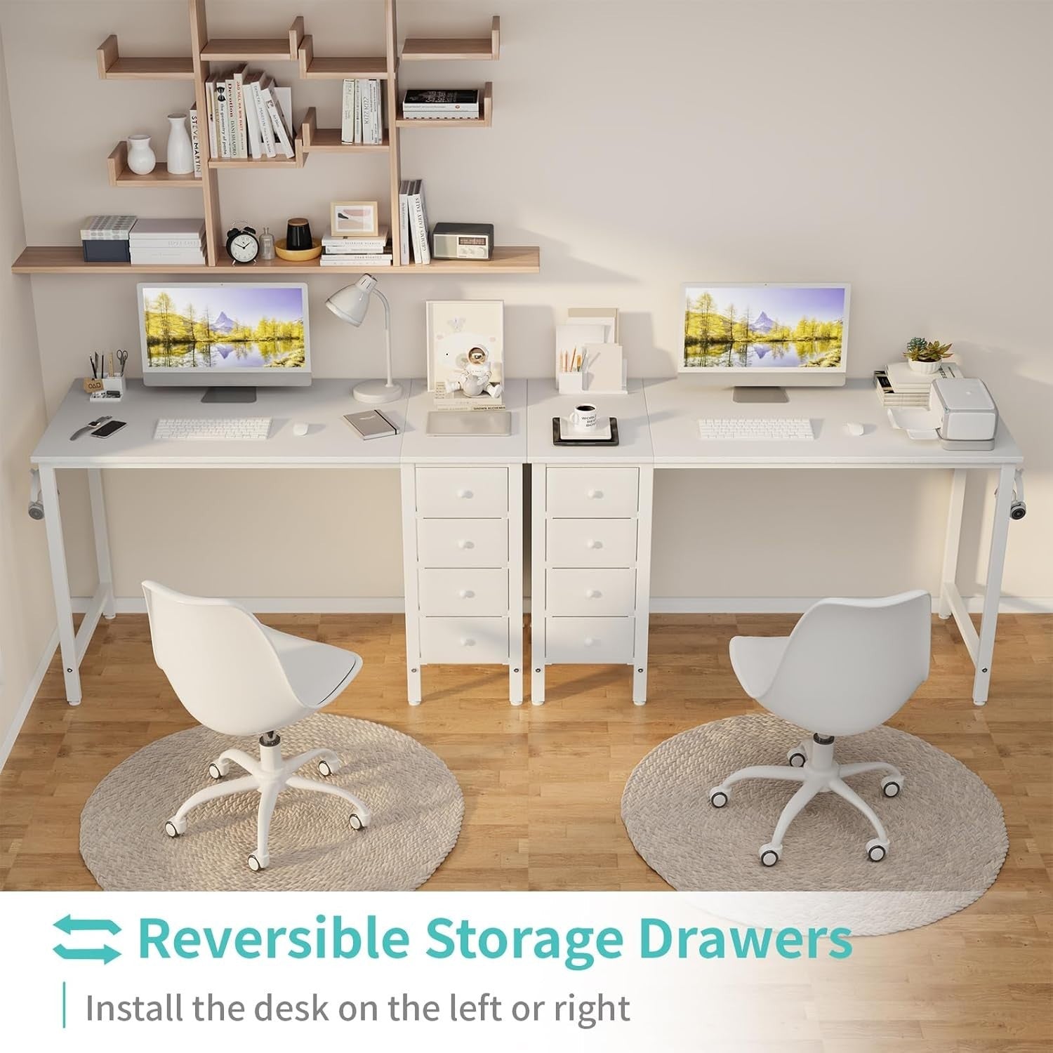 Modern White Office Desk w/Fabric Drawers Metal Frame Computer Table