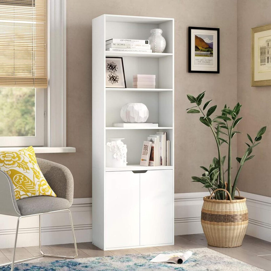 White 6 Tier Bookshelf with Cupboard Modern Storage Unit 59x29x180cm
