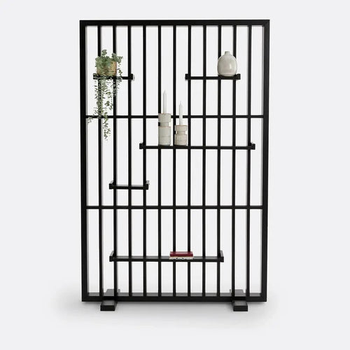 Black Solid Pine Room Divider Shelf – Modern Open Slatted Storage Unit