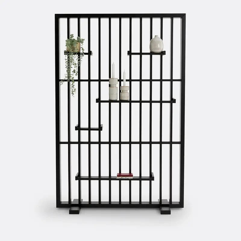 Black Solid Pine Room Divider Shelf – Modern Open Slatted Storage Unit