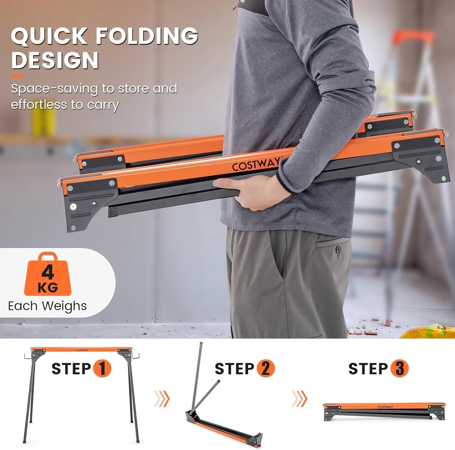 Folding Sawhorse Twin Pack Heavy Duty 500kg Each 2x4 Support Arms Orange