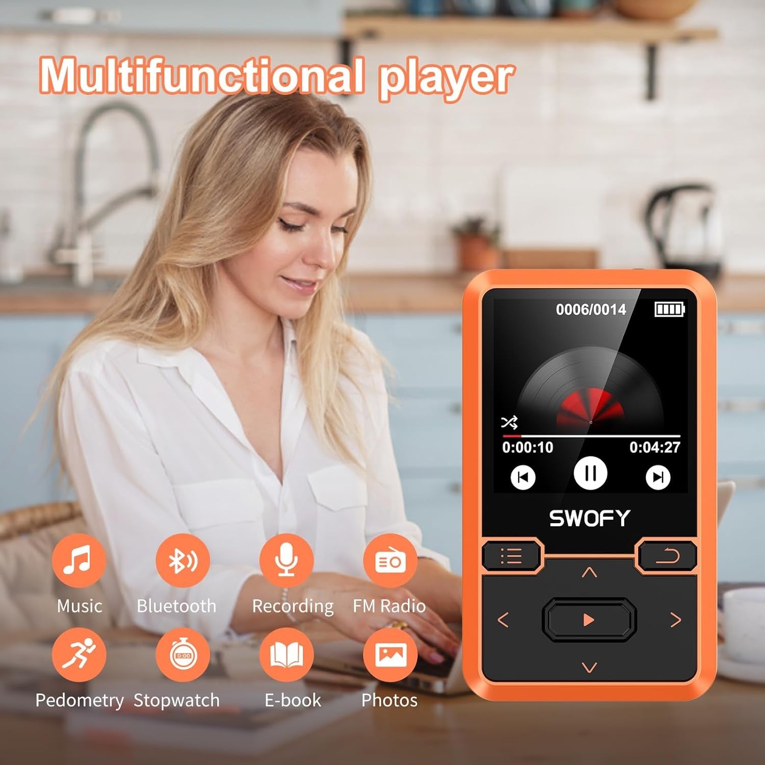 32GB Clip MP3 Player Bluetooth 5.0 FM Radio Pedometer Orange